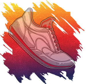 a silhouette of a shoe on a rainbow background